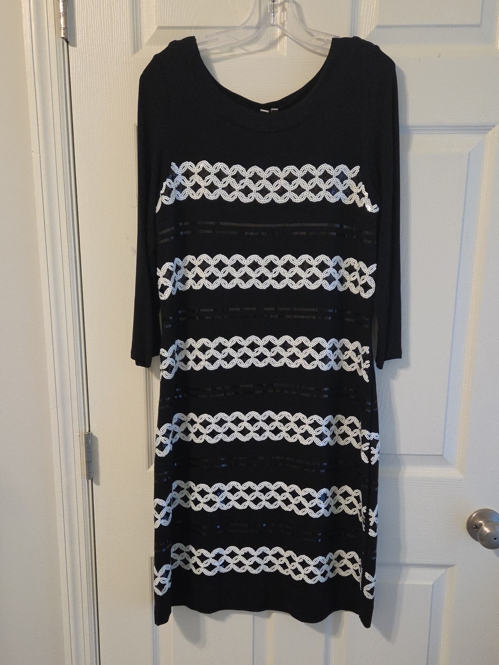 Madison Black 3/4-Sleeve Knit Dress with White Sequin Stripe Detail